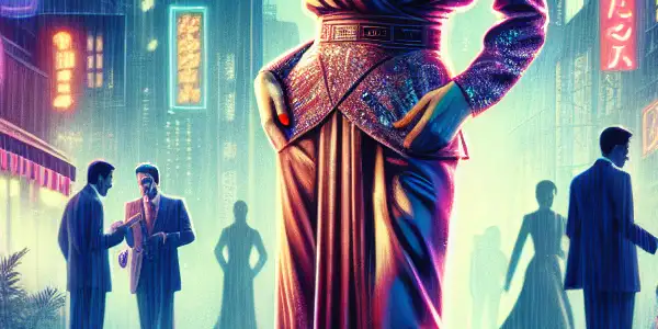 A mysterious woman stands confidently in a neon-lit urban night scene, surrounded by shadowy figures and intrigue.