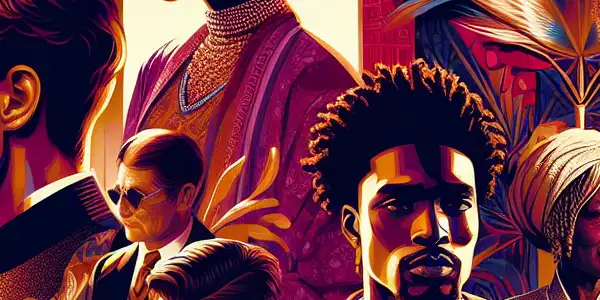 A luxurious intimate scene featuring diverse characters expressing desire in a seductive, richly adorned setting.