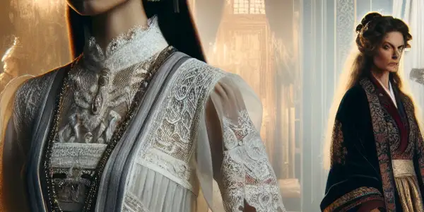 An elegantly dressed maid and an aristocratic woman share a luxurious, mysterious room filled with intrigue and sensual tension.