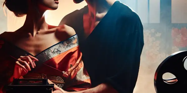 A couple in a dimly lit room embraces passionately, surrounded by Asian decor and cinematic elements.