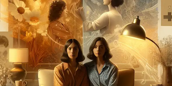 Two young women in a cozy living room, embodying sisterly romance with American and Japanese adult entertainment elements.