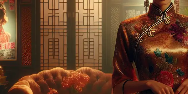 A glamorous woman in a vintage Hong Kong apartment, exuding confidence and allure in a seductive outfit.